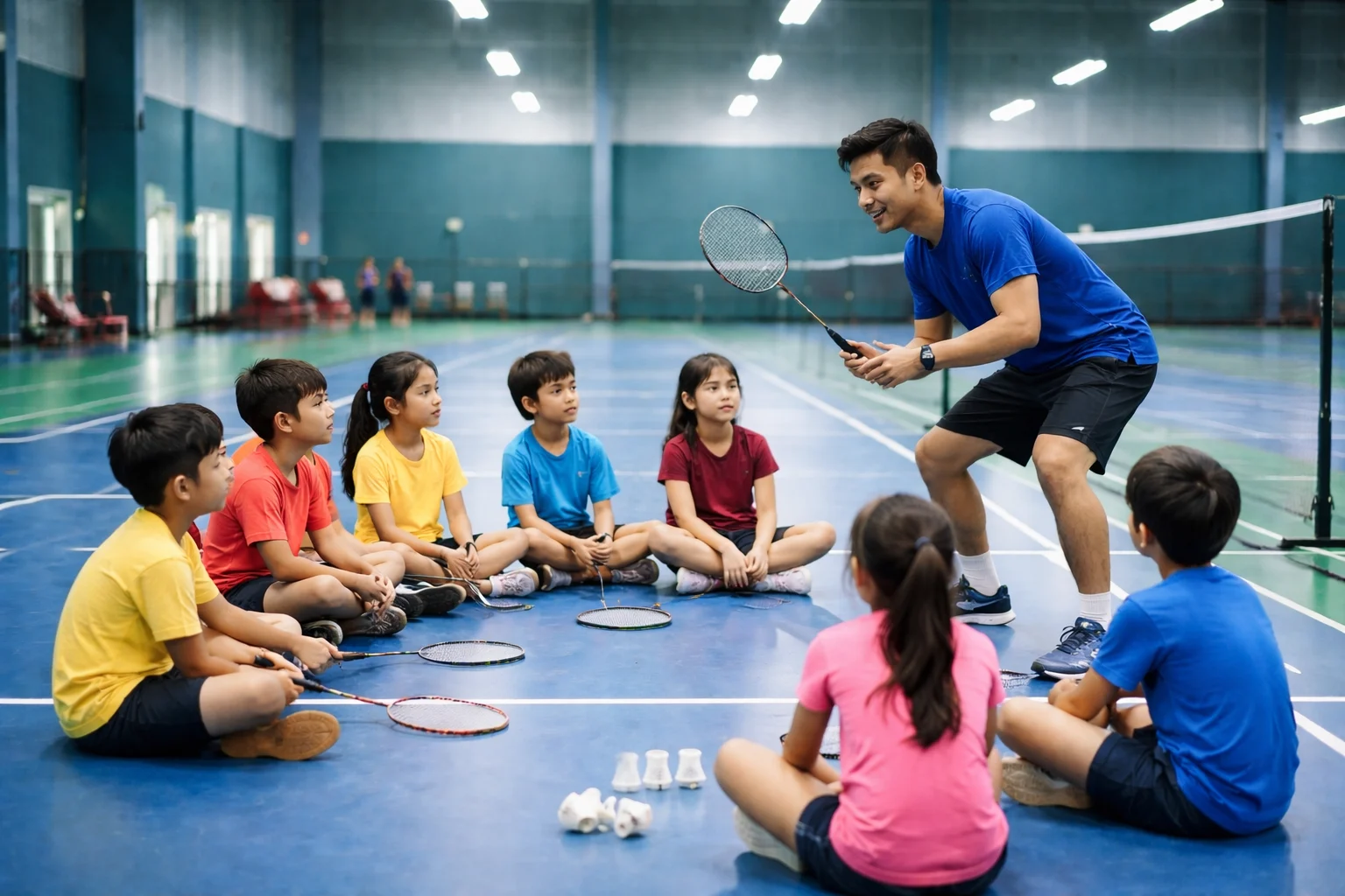 Badminton coach with kids